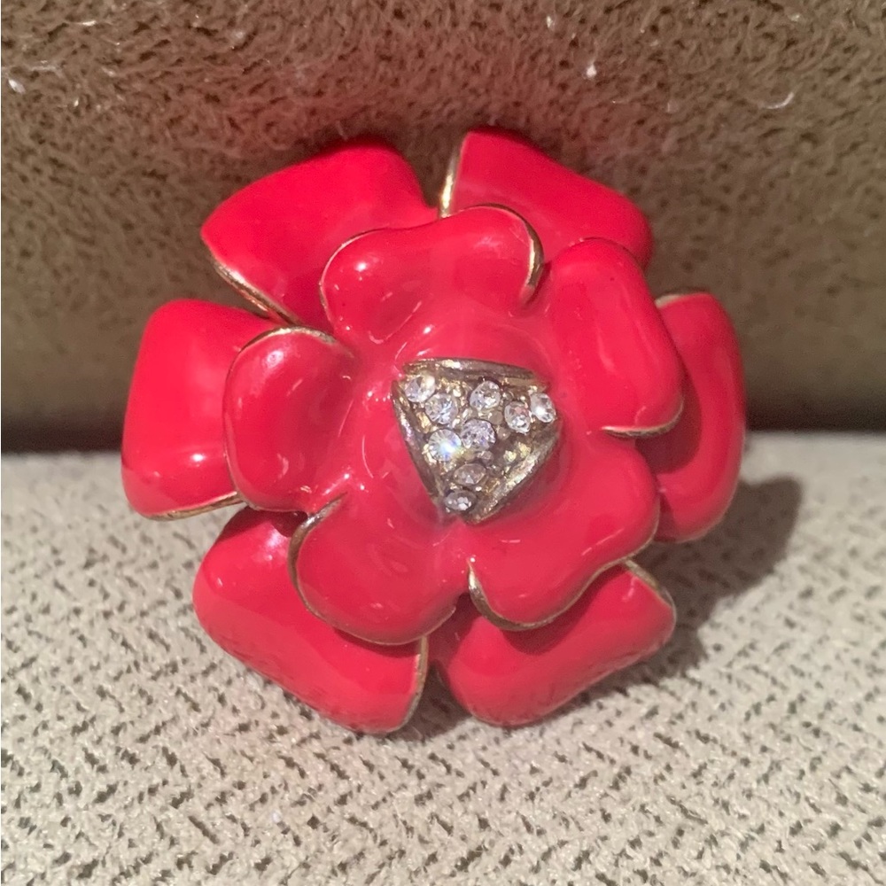 Poppy Red Enamel Flower Ring with Crystal Accents, SZ 5.5